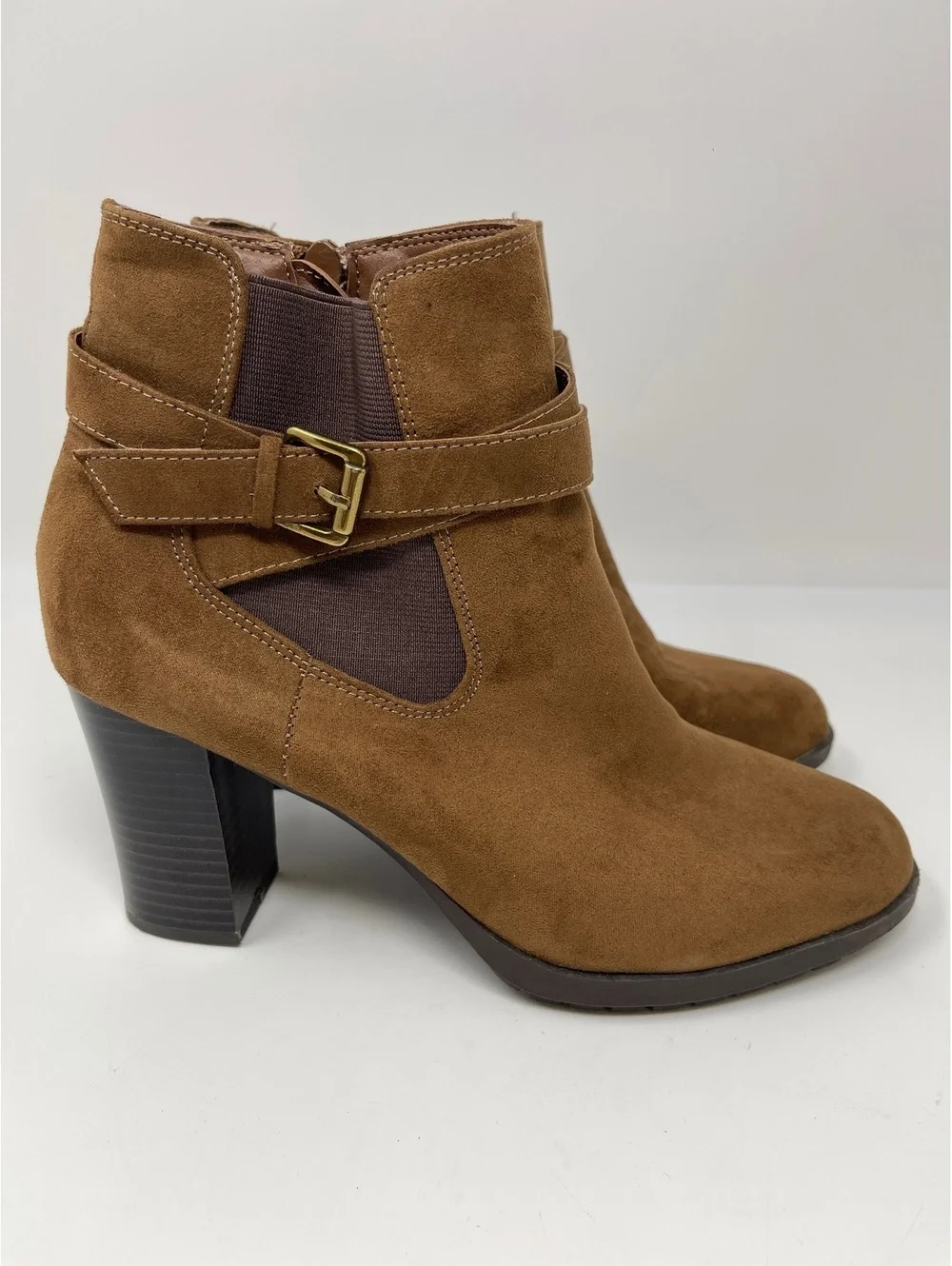 Style & Co Brown Faux Suede Ankle Boots Women's Size 8M Heel Buckle Zip Booties
